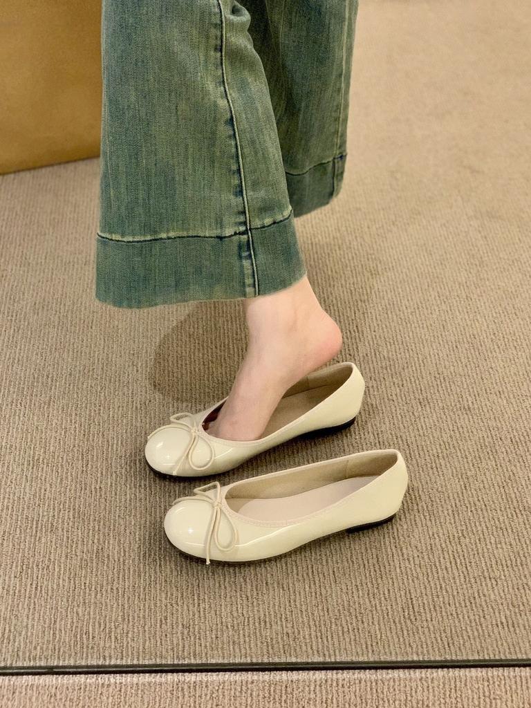 Round Head Patent Leather Single Shoes Summer Bow Flat Bottom Red Shoes Ladyshoes