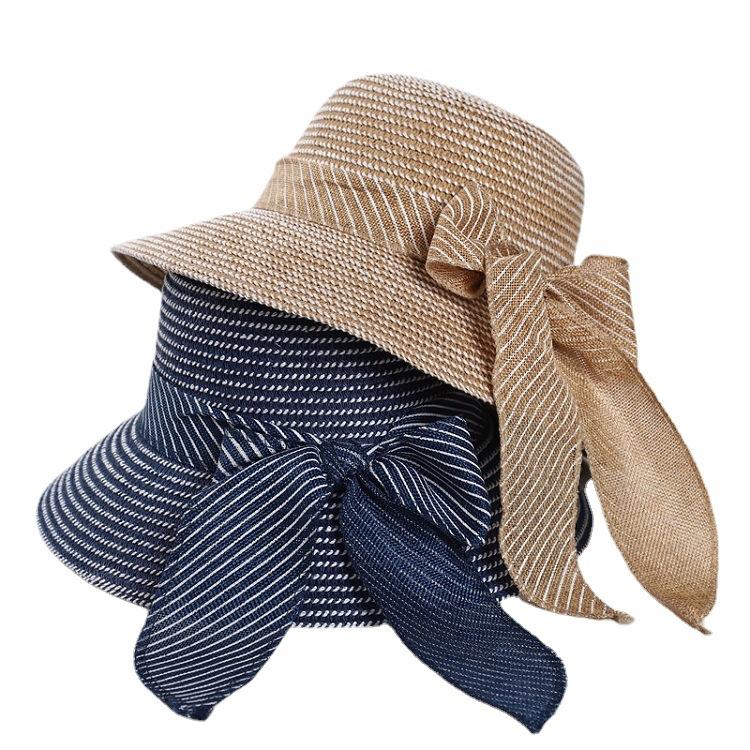Fashionable Summer Sun Shading Women's Beach Hat Linen Ribbon Basin Hat Sun Protection Fisherman Straw Hat