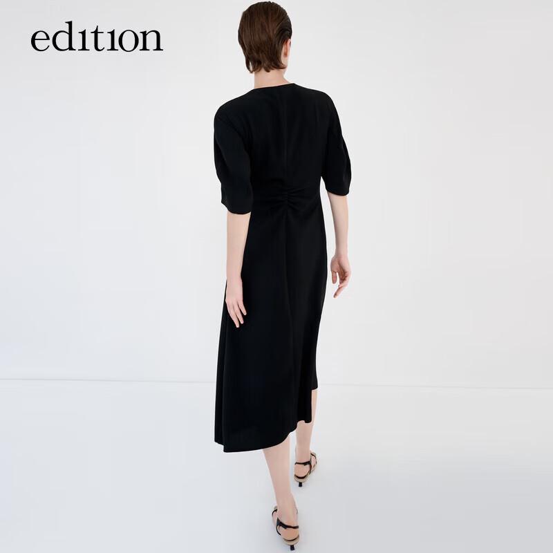 Edition French Puff Sleeve Tie-Waist Acetate V-Neck Little Black Dress