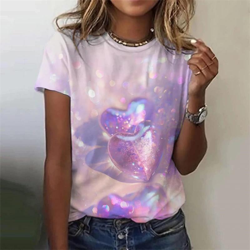 3D Bunter Liebesherz-Druck T-Shirt Hübsche Damenbekleidung Damenmode Lässiges T-Shirt Mädchen Übergroße Kurzarm-Tops Tees