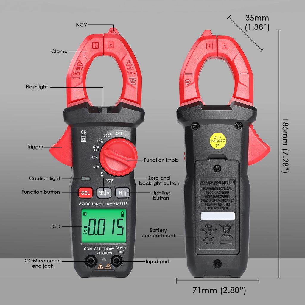 Digital Clamp Meter Multimeter Voltage Tester with Detection and LCD Backlight for Electricians AC/DC Current/Voltage, Temperature, Capacitance,