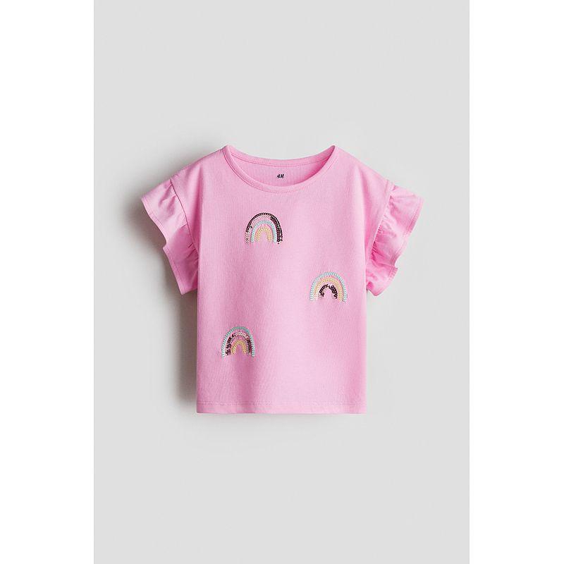 HM Children's Clothing Girl T-shirt 2025 Summer New Arrival Western Style Sequin Cotton Printed Short Sleeve Round Neck Top 1295489