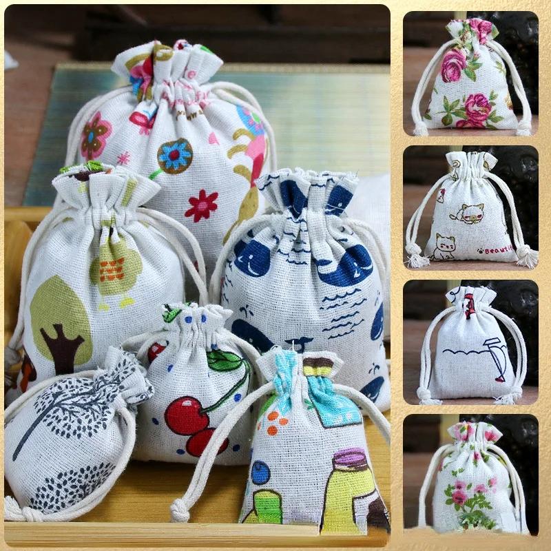 10pcs/lot Linen Drawstring pocket Cute Pattern Printed DIY wedding Candy Storage Bag Travel Makeup Cloth Shoes Sundries Storage