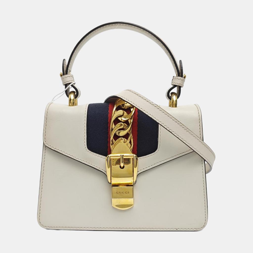 [Pre-Owned] Sylvie Gold Buckle Striped Web Leather Mini Tote Shoulder Crossbody Bag - Good #1YKKBYI