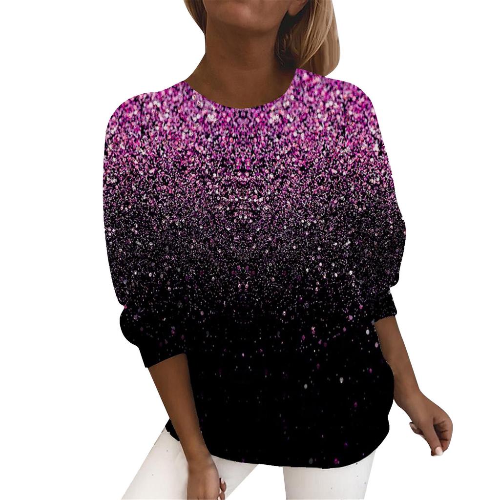 Modne Casualowe Damskie T-shirty z Okrągłym Dekoltem i Błyszczącym Nadrukiem 3D z Długim Rękawem