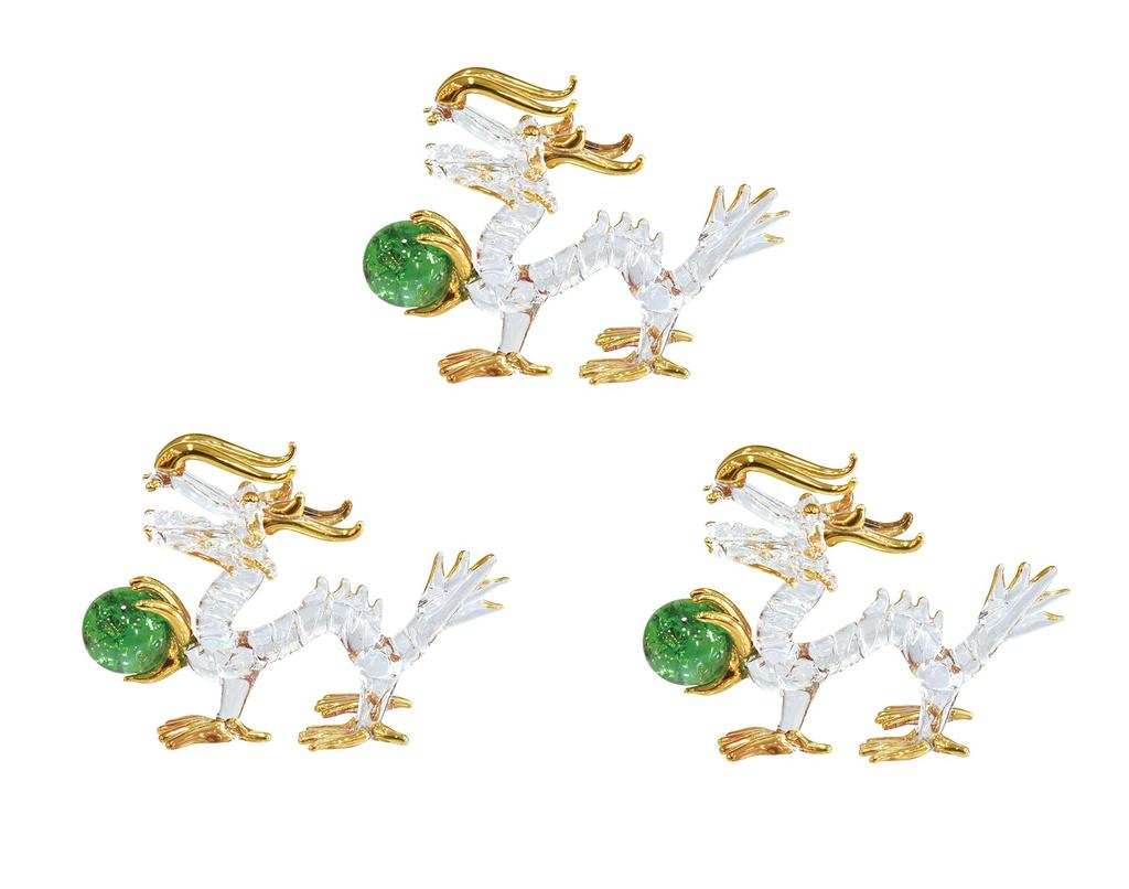 Four Cart Handmade Glass Feng Shui Good Health Dragon Statue, 2-inch X 3-Piece Set