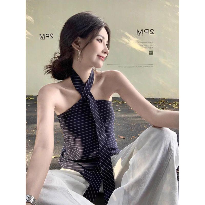 Sexy Stylish Silm Slim Fit Tube Top Tops Women's Pure Desire Style Sexy Open Back Asymmetrical Stripes Halterneck Vest