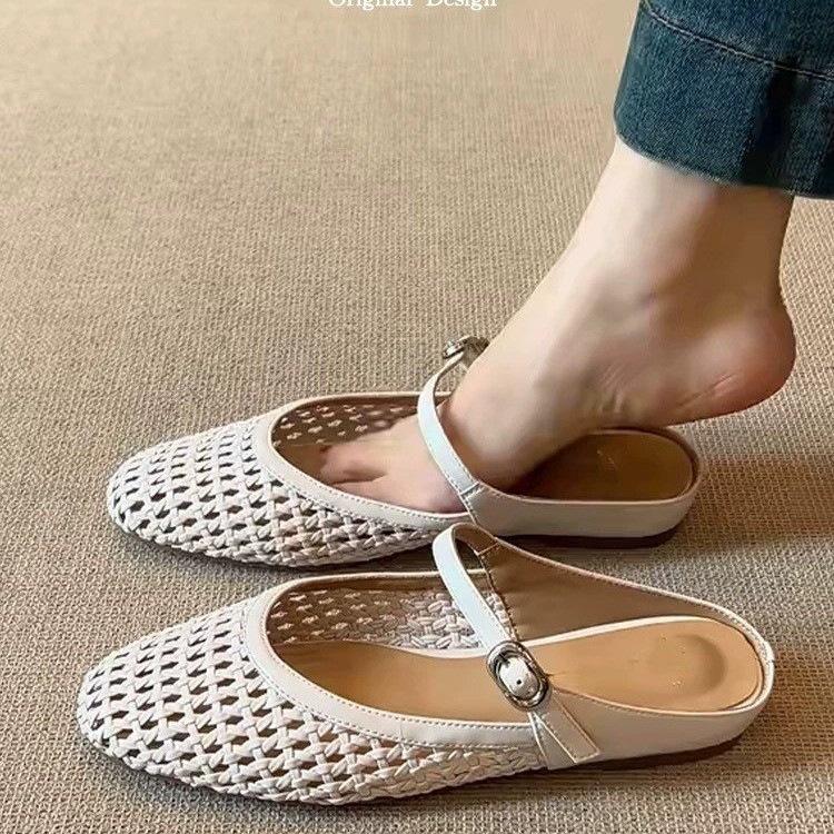 Summer new hollow breathable flat bottom soft bottom slippers women's outer wear bag head half slippers
