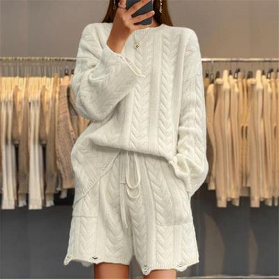 Tooxika Feminino Outono E Inverno Novo Casual Gola Redonda Torcido Manga Comprida Suéter Cintura Alta Shorts De Malha Terno De Duas Peças Para Mulheres