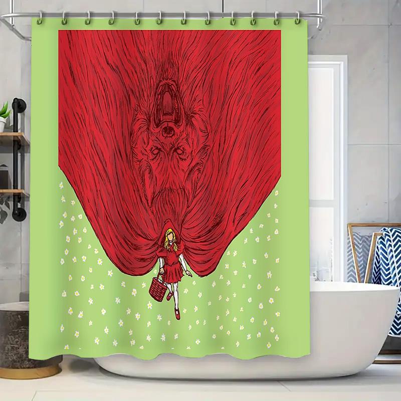 

Red Riding Hood Cottagecore Shower Curtain Gothic Fairy Tale Forest Landscape Backdrop Vintage Halloween Decor W60H190(CM)-1 Pcs