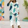 Women Plus Size Round Neck Long Sleeve Printed Layered Top Wide Leg Cropped Pants Two Piece Set