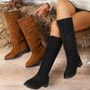 New Arrival Slip-On Western Boots Women High Tube Round Head Solid Color Flat Heel Fashion Velvet Material Comfortable Winte
