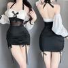 Sexy Female Secretary Chest Wrapping Drawstring Perspective Gauze Black White Splicing Puff Sleeve Bag Buttocks Dress Elegant NT