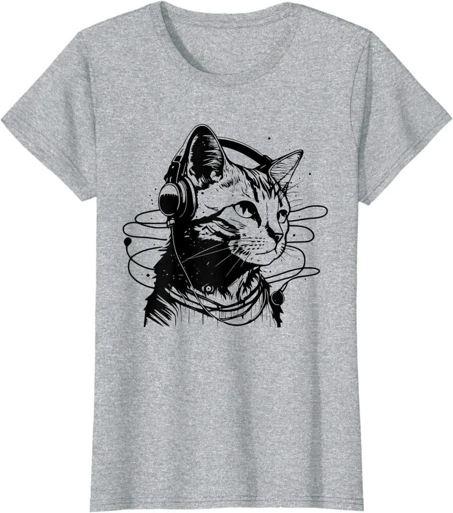 Cat In Headphones Funny Cat Vintage Funny Cat T-Shirt Graphic T Shirts Oversized T Shirt Cotton Four Seasons Daily Tees Casual