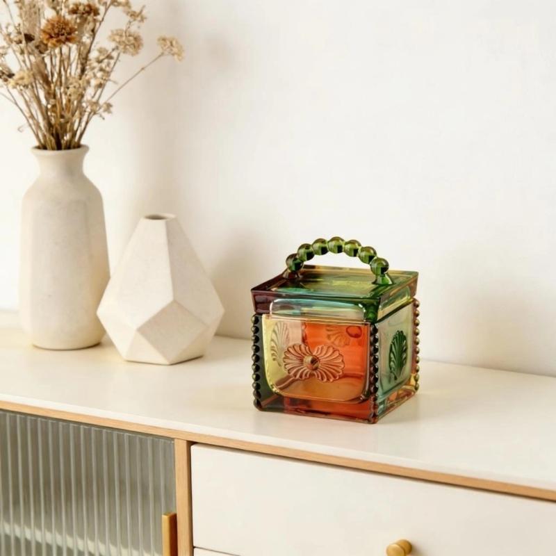 Artistic Square Candies Holder Clear Glass Featuring Intricate Embossed Detail Household Storage Jar