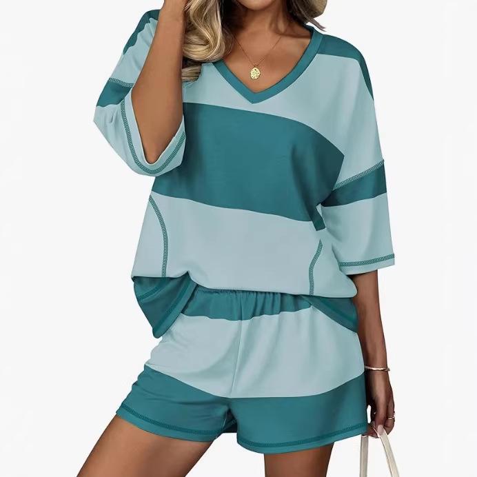 Spring/Summer Women's Striped Short-Sleeve Top & Casual Shorts Two-Piece Sportswear Set