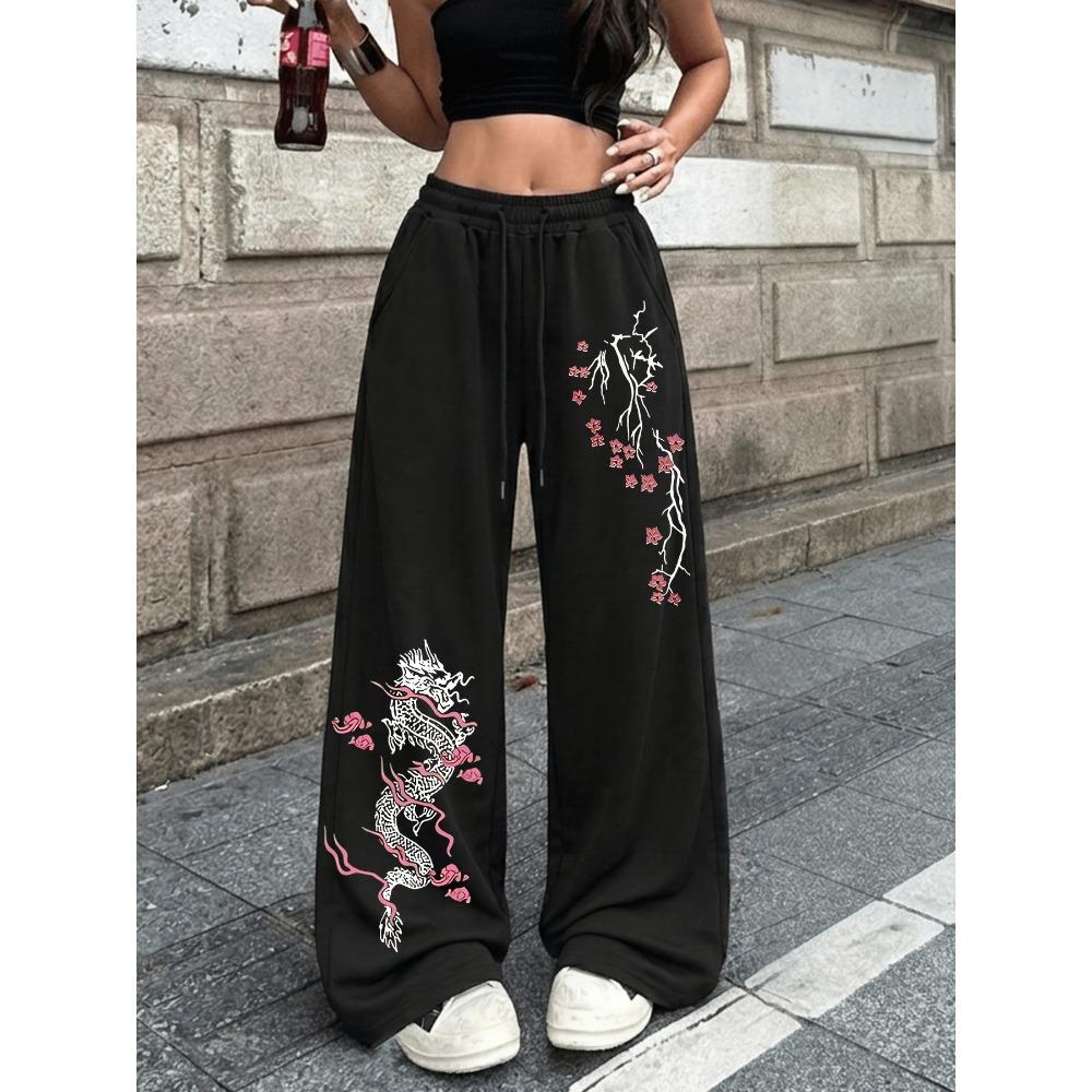 Fashionable Gothic Rock Street Style Retro Y2K Trendy Plum Blossom Print Drawstring Comfortable Casual Wide Leg Pants S