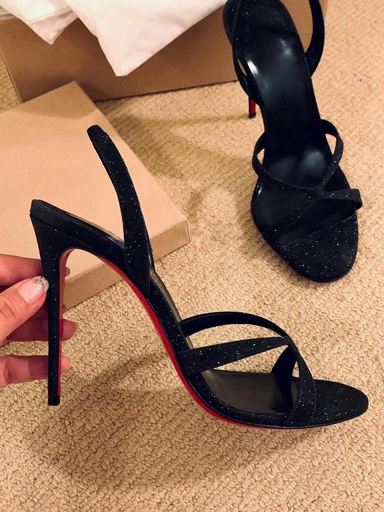 Fashion 2025 New Summer Black Glitter High Heels for Women, Sexy Date, Open toed, Thin Heels, Straight Strap Sandals