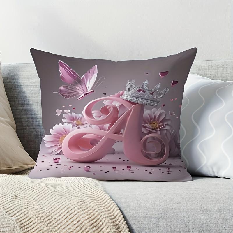 1Pc Pink Floral Crown Butterfly Pillow Cover, Polyester 2D Double Sided Print Cushion Case, Initial Letter A Throw Pillowcase, C