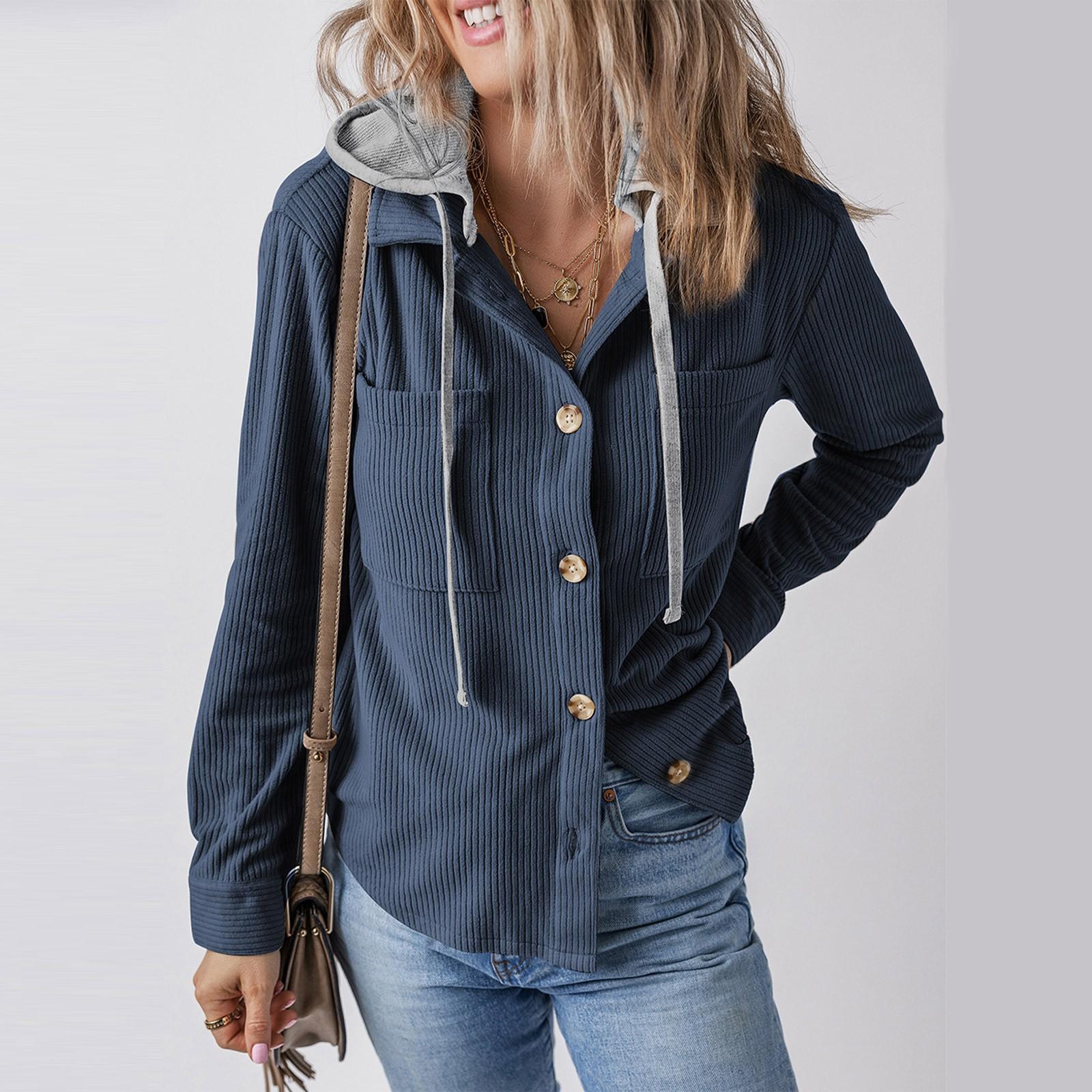 

Жіночий вільний повсякденний кардиган з капюшоном і ґудзиками, гаманець, куртка з капюшоном і шнурком S синій