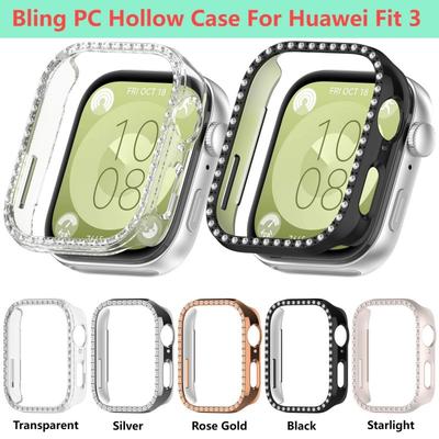 Carcasa Bling para PC para Huawei Watch Fit 3 Cubierta Protectora de PC con Doble Fila de Cristal de Diamante Banda Protectora para Correa de Reloj