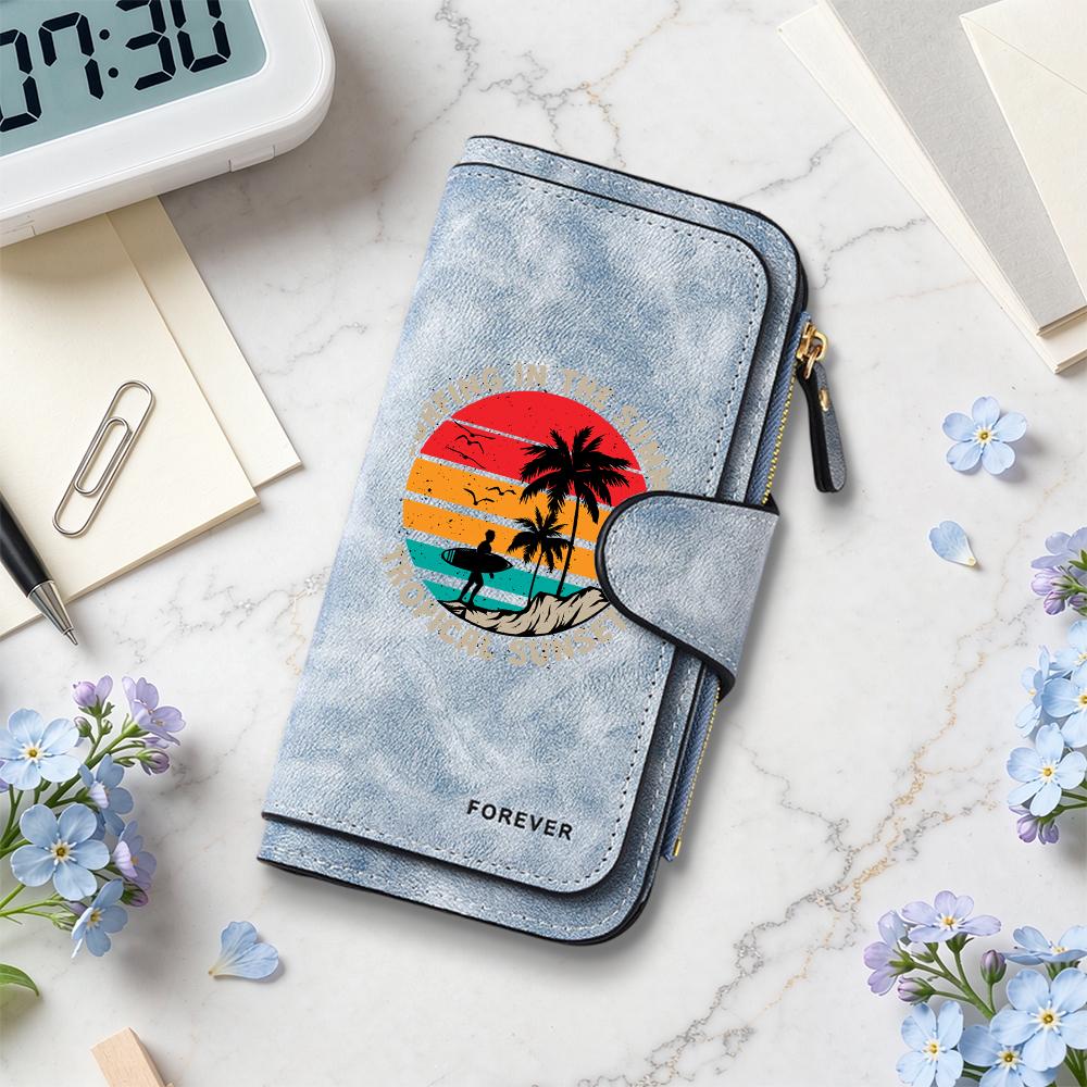 Vintage Surf Print Long Wallet Multi Card Slot Daily Casual Purse For Tropical Summer