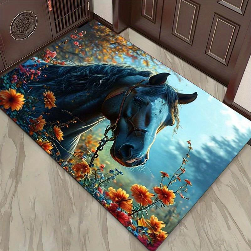 Blue Horse in Bloom Rug: Serene Floral Design for Relaxing Living Spaces | Beautiful Home Accessories Skid resistant carpet