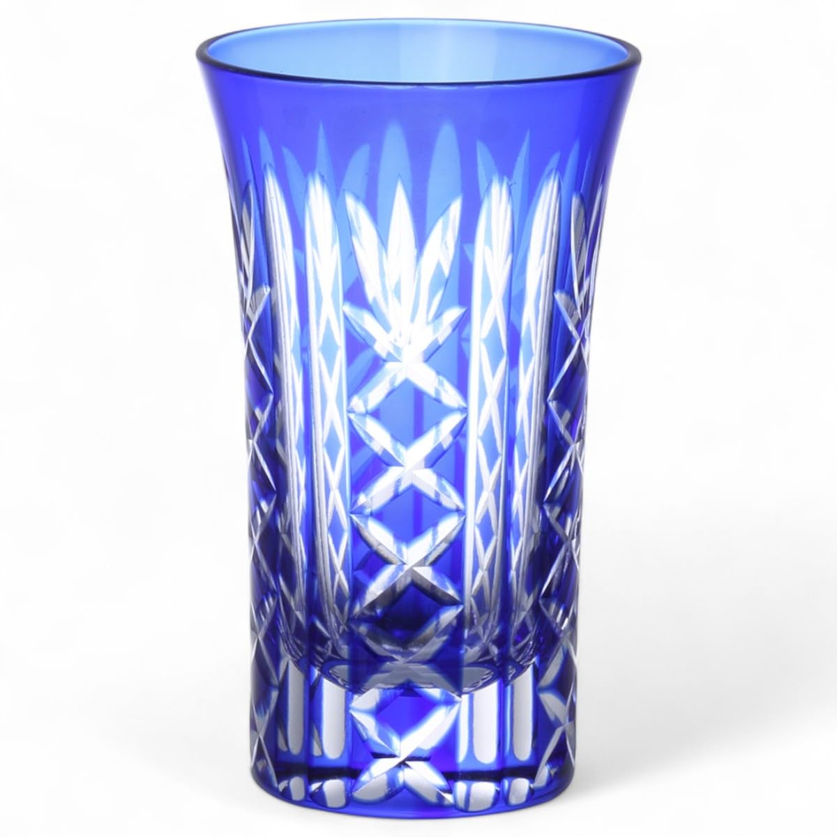 

Стакан Мизукаге из стекла кирико для пива и саке, с орнаментом «токкуса», текущая модель J-kitchens, 60xВ102мм, 100мл, резьба, синий,