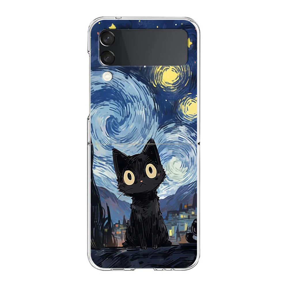 Artistic Black Cat Starry Night Phone Case For Samsung Galaxy Z Flip 3 4 5 Hard Folding Clear PC For Samsung Z Flip 6 Back Cover