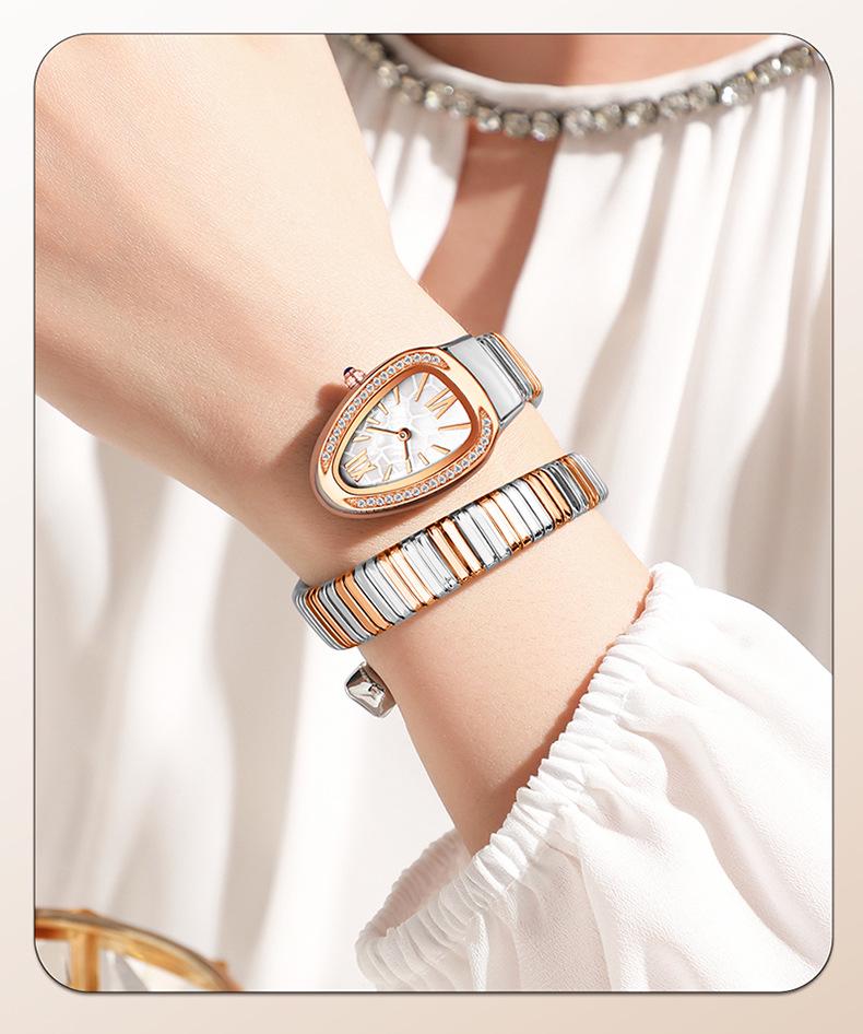 SANDA Women's Luxury Snake Head Bracelet Watch with Roman Mother-of-Pearl Dial, Diamond Accents, English Two-Hand, 30M Water Resistant.