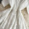 French Style Floral Pleated Square Neck Dress with Spliced Waist and Large Hem