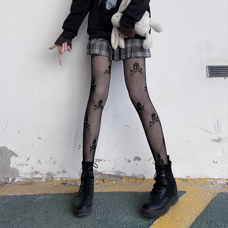 Sexy Strumpfhosen Damen Totenkopf Mystery Oberschenkelhoch Hohe Taille Strümpfe Gothic JK Lolita Netzstrumpfhosen Damen Geschenke