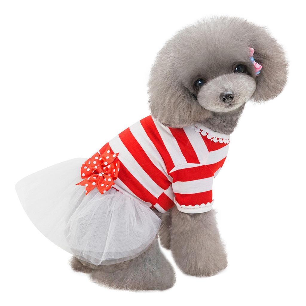 Pet Dress Striped Knit Top with Tulle Skirt and Polka Dot Bow Soft Fabric Comfortable Fit for Small Dogs and Cats