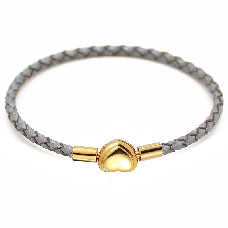 Fashion Women Gold Plated Lover Bracelet Bangle Leather Chain With Love STAINLESS STEEL Clasp Pan Bracelet Bead Charms Bracelet