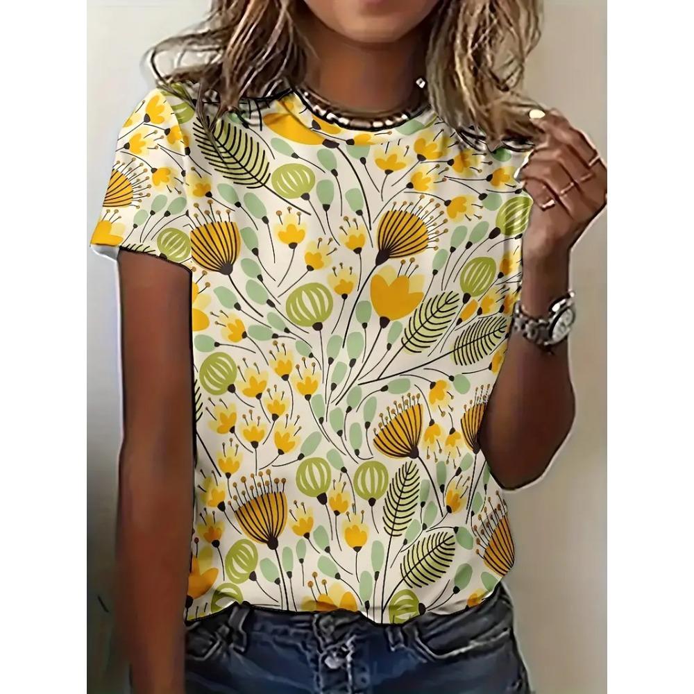 Summer Outdoor Floral Print Women's T-shirt Casual Round Neck Short Sleeve Top Street Fashion Oversize T-shirt Y2k Ladies Clothe