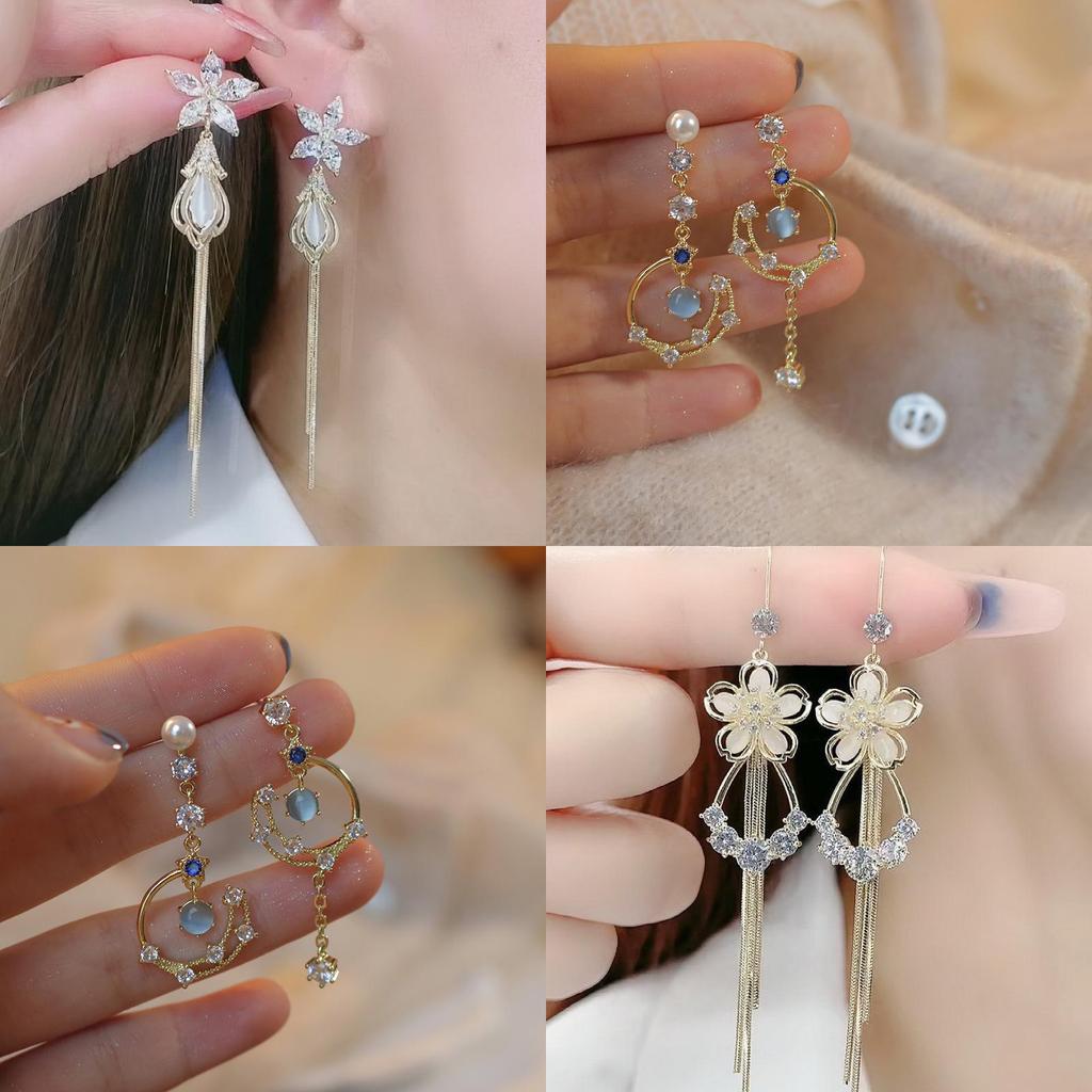 Moon Inspired Long Dangle Earrings With Floral Pattern And Alloy Finish For Womens Fashion