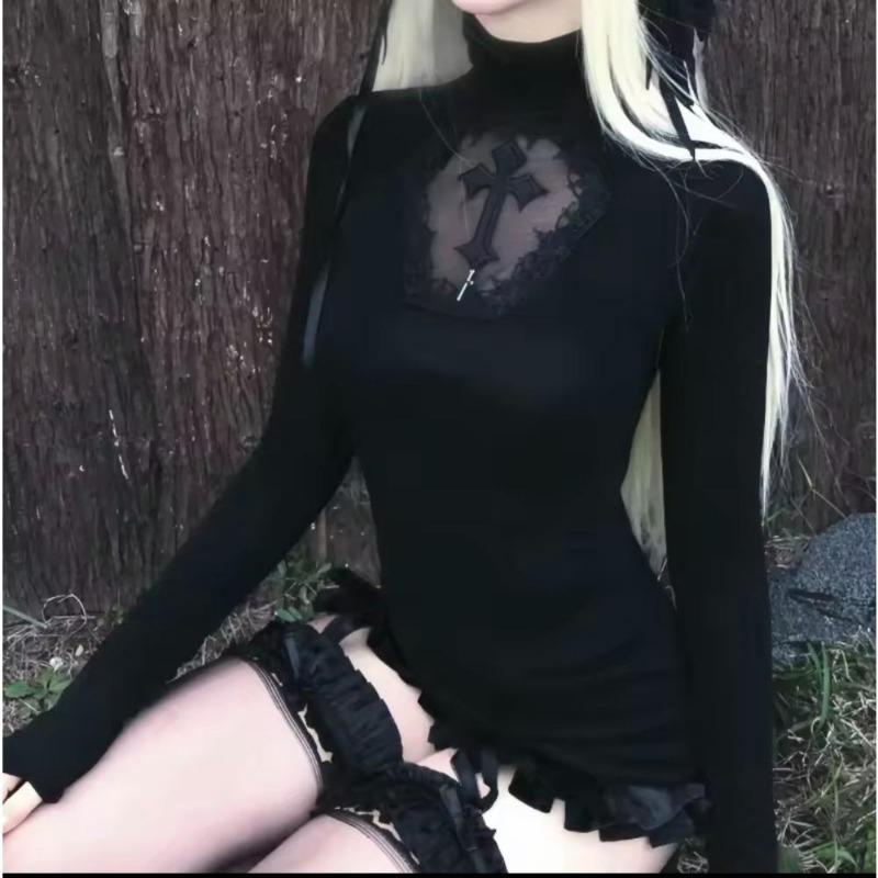 

2KWEIRD Turtleneck Top Y2k Clothes Black Gothic Cross Hollow Slimming Bottom T Shirt for Women Long Sleeve Sexy T-shirt Girls Tops XL