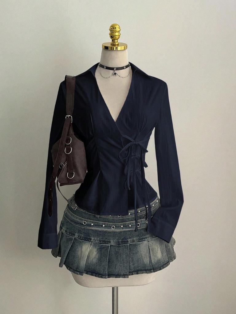 In Stock - European & American Casual Waist-Cinching Solid Color Women's Shirt