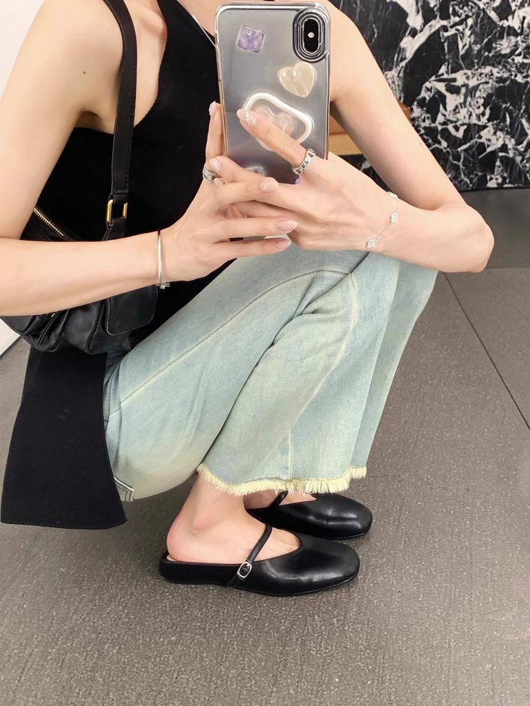 Sheepskin version~ inner height increase word with leather sandals women's shoes shallow mouth bag head half slippers