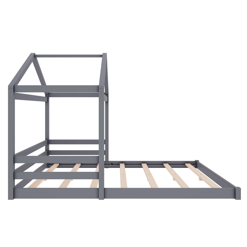 House Bed, 140 X 200 Cm, Children's Bed In House Shape with Slatted Frame (without Mattress), Pine Wood, Minimalist Style, Grey