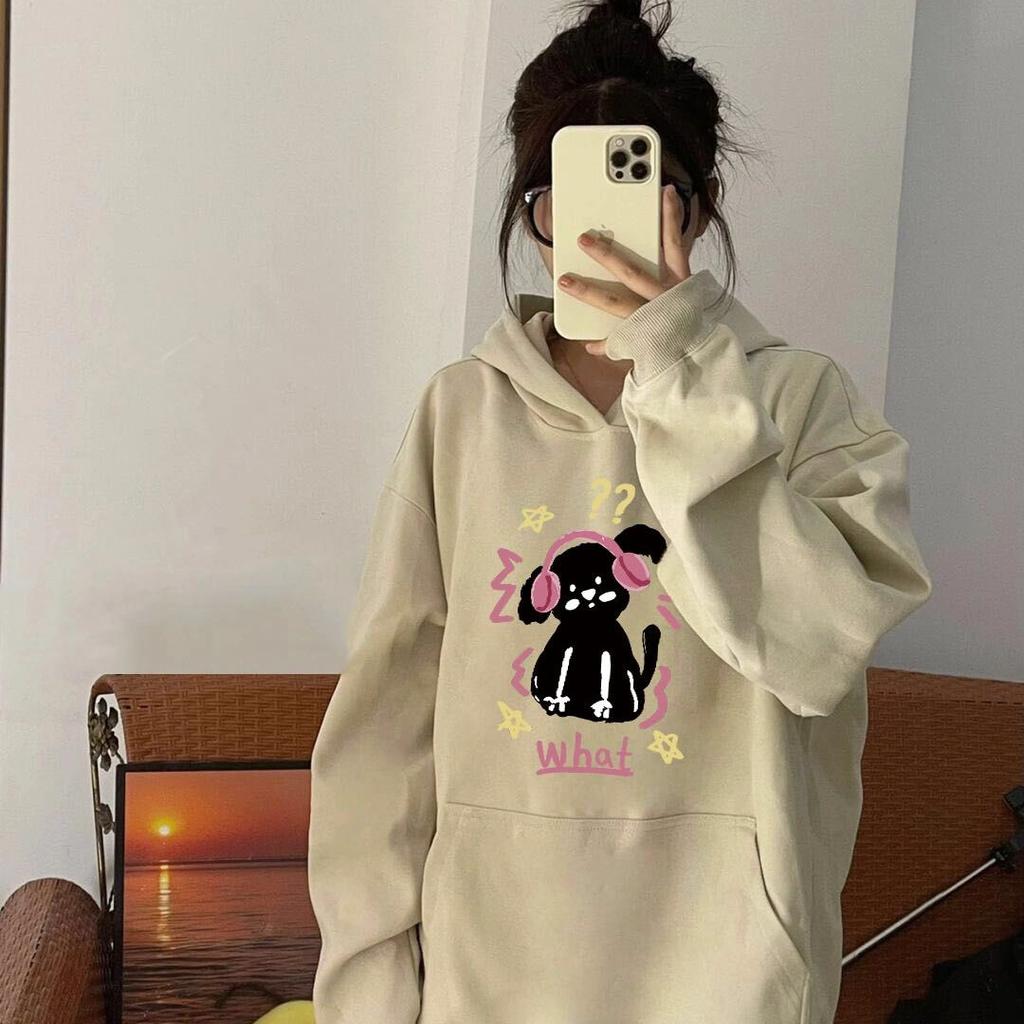 300KW Cotton Composite Sweater for Women, Autumn New Loose Medium and Long Cartoon Kitten Print Top Trendy
