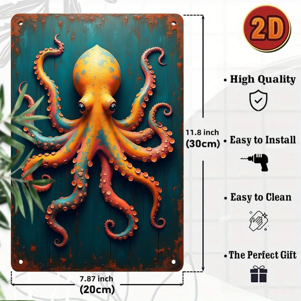 1 Piece of Retro Octopus Metal Wall Decoration - Bright Green and Rustic Aluminum Decorative Panel, Suitable for Indoor