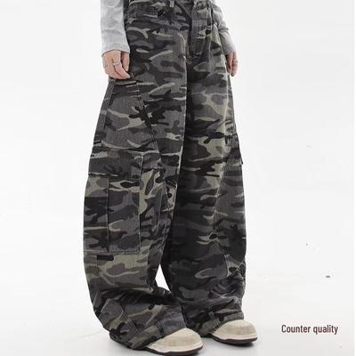 Unisex American Retro Camouflage Cargo Pants, Spring/Autumn 2024, Loose Fit, Multi-Pocket, Washed.