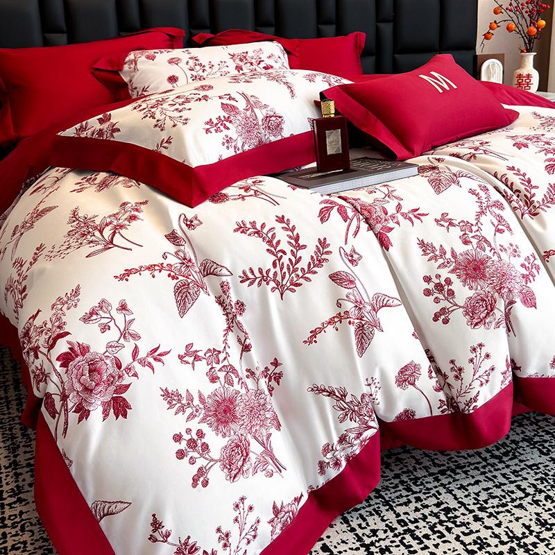 Light luxury wedding big red hollow cotton four-piece set high-count long-staple cotton wedding room happy quilt wedding bedding
