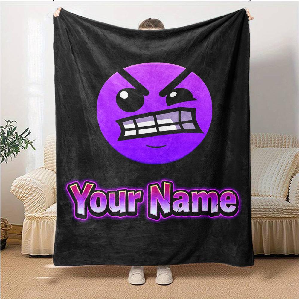 1pc Geometry Dash Blanket with Custom Name, Gift, for Men and Women, Soft Blanket, Good for Sofa Bed Couch Travel, Lightweight Flannel Blanket