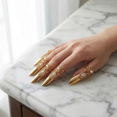 5-delt Sæt Negleringe Daglig Beskyttelsesdæksel til Fingertip Trendy Ring Lang Stilet Pres-På Negle Smykker Gave