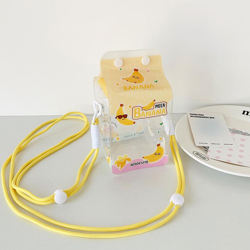 Cartoon Banana Milk PVC Storage Bags for 13cm Plush Doll Transparent Protective Case Cotton Doll Shoulder Pain Bag with Rope