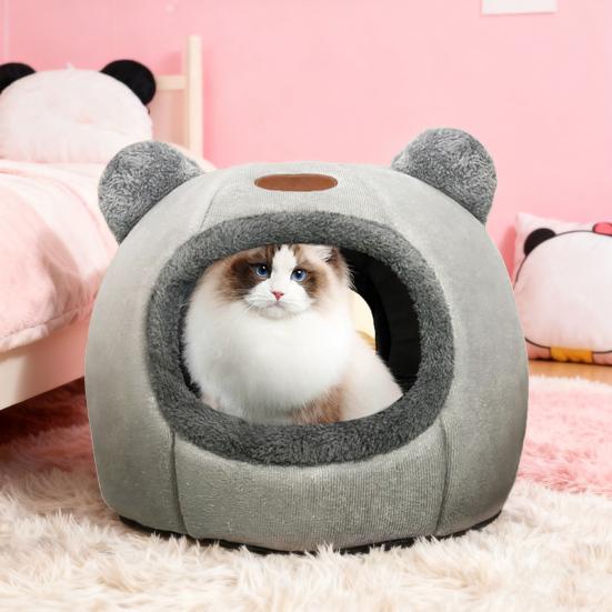 Cute Cat Cave Bed Cozy Pet Bed with Bear Ears Non-Slip Bottom Winter Cat Nest with Removable Washable Cushion for Indoor Cats Puppies