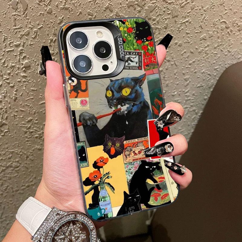 New Cute Black Cat Graphic Montage Laser Phone Case For iPhone 17 15 16 Pro Max Plus 14 13 12 Mini 11 Pro Max Shockproof Cover
