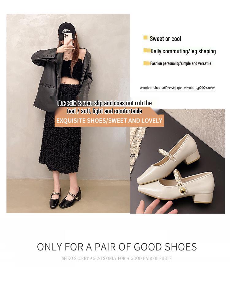 Women's French Retro Square-Toe Mary Janes - Spring Fashion Chain Chunky Heel Low-Cut Leather Shoes